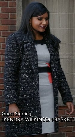 Mindy’s grey colorblock dress and grey boucle coat on The Mindy Project