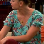 Penny’s aqua green floral print tie front top on The Big Bang Theory