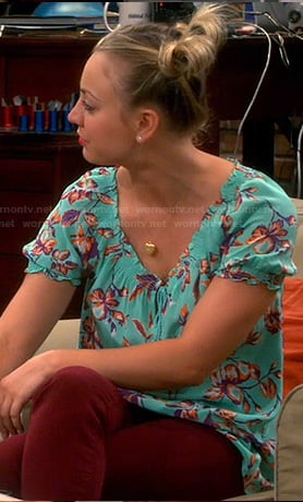 Penny's aqua green floral print tie front top on The Big Bang Theory