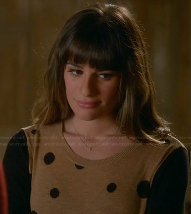 Rachel’s brown polka dot sweater with black sleeves on Glee