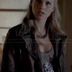 Rebekah’s triangle tank top and metallic leather jacket on The Originals