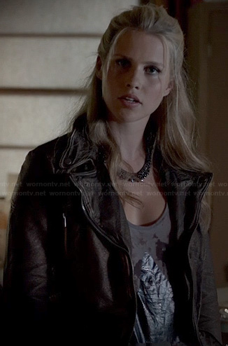 Rebekah's triangle tank top and metallic leather jacket on The Originals