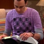 Sheldon’s purple squares graphic tee on The Big Bang Theory