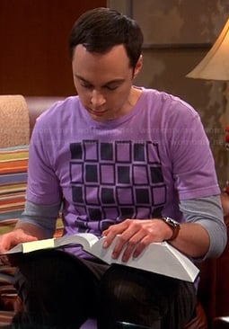 Sheldon’s purple squares graphic tee on The Big Bang Theory