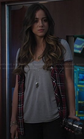Skye’s red plaid sleeveless shirt on Agents of SHIELD