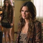 Zoe’s beige beaded top, brown printed blazer and horse shoe necklace on Hart of Dixie