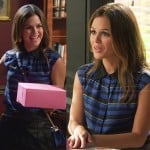 Zoe’s blue striped shirt and leather shorts on Hart of Dixie