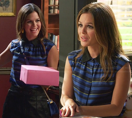 Zoe's blue striped shirt and leather shorts on Hart of Dixie