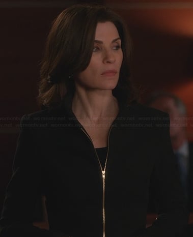 Alicia’s black jacket with gold zip front on The Good Wife