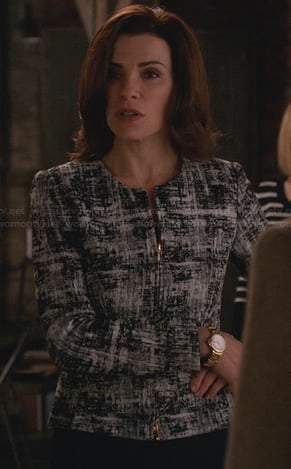 Alicia's black and white printed zip front jacket on The Good Wife