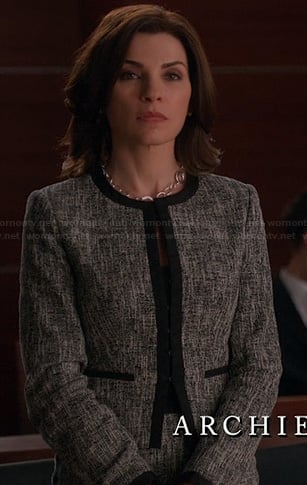 Alicia's grey jacket with black trim on The Good Wife