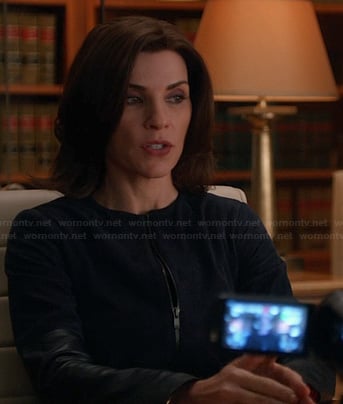 Alicia's navy jacket with leather sleeves on The Good Wife