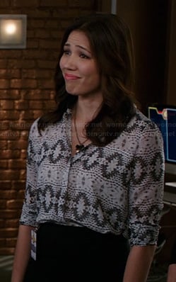 Angela's white and grey printed blouse on Bones