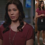 Angela’s burgundy top and vertical striped skirt on Bones