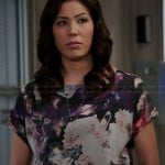 Angela’s purple abstract printed top on Bones