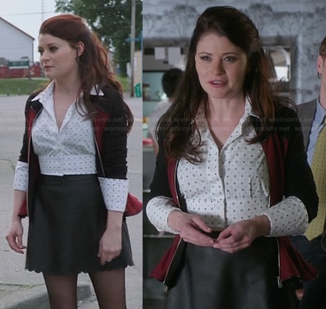Belle’s white flower print cropped shirt, leather scalloped skirt and red peplum jacket on Once Upon a Time