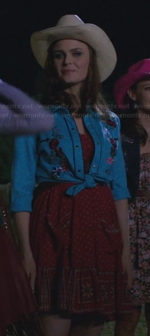 Brennan's western outfit - red printed dress and blue embroidered shirt on Bones