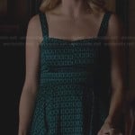 Caroline’s blue and green patterned party dress and square necklace on The Vampire Diaries