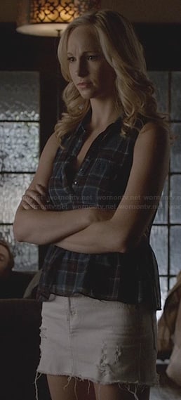 Caroline's plaid peplum top and white denim skirt on The Vampire Diaries