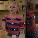 Carrie’s pink and blue sequin-striped top and polka dot jeans on The Carrie Diaries