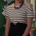 Carrie’s striped shoulder cutout top and split top skirt on The Carrie Diaries