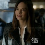 Cat’s black leather coat and white blouse on Beauty and the Beast