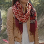 Cece’s cream leather jacket and red printed scarf on New Girl