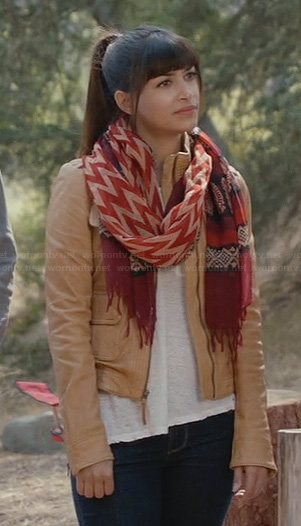 Cece's cream leather jacket and red printed scarf on New Girl