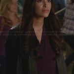 Cece’s purple blouse and leather front draped jacket on New Girl