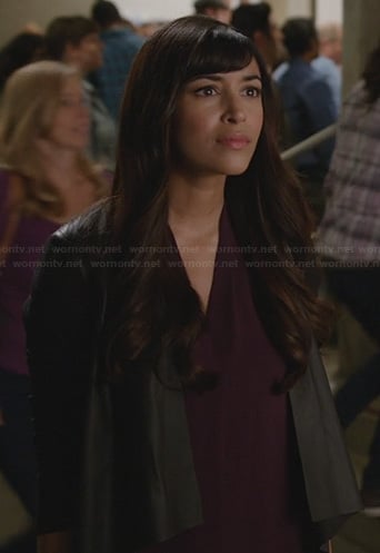 Cece’s purple blouse and leather front draped jacket on New Girl