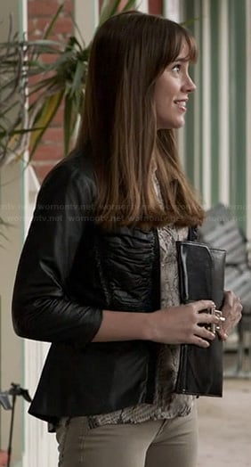 Charlotte's leather jacket with ruched front and snake print top on Revenge