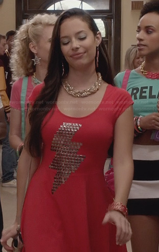 Donna's red studded lightning bolt dress on The Carrie Diaries