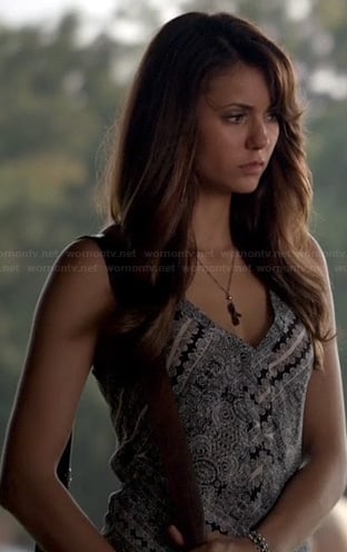 Elena’s black and white printed tank top on The Vampire Diaries