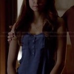 Elena’s blue pocket front henley tank top and triangle necklace on The Vampire Diaries