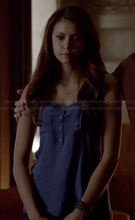Elena's blue pocket front henley tank top and triangle necklace on The Vampire Diaries