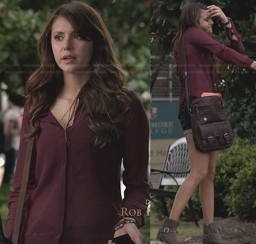 Elena's burgundy long sleeved shirt on The Vampire Diaries