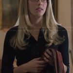 Felicity’s black cardigan, burgundy skirt and gold necklace on Arrow