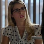 Felicity’s black and white sequin spotted neck tie blouse on Arrow