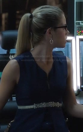 Felicity’s blue zip front peplum dress on Arrow