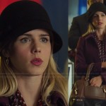 Felicity’s burgundy coat and geometric printed scarf on Arrow