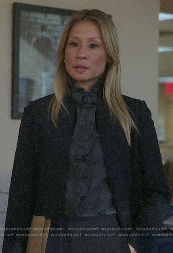 Joan’s black coat with leather collar on Elementary