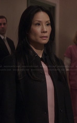 Joan’s black coat with leather collar on Elementary