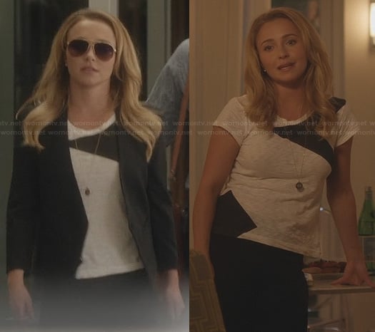 Juliette's black and white colorblock tee and cropped back blazer on Nashville