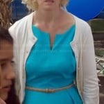 Kristina’s turquoise blue split neck dress and bow back cardigan on Parenthood