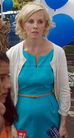 Kristina's turquoise blue split neck dress and bow back cardigan on Parenthood