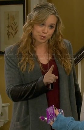 Kristin's grey draped cardigan with leather sleeves on Last Man Standing