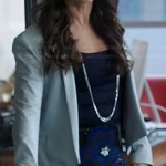 Lauren’s grey leather blazer and blue sequinned flower skirt on The Crazy Ones