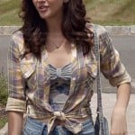 Maggie’s denim shorts with lace applique and plaid tie front shirt on The Carrie Diaries