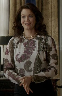 Mellie's purple printed blouse on Scandal