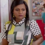 Mindy’s white apple polka dot shirt and geometric print dress on The Mindy Project